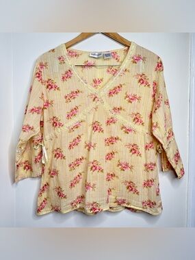 VTG Boho Peasant Blouse Floral Women’s Size 16 Lightweight Cotton V Neck Beachy